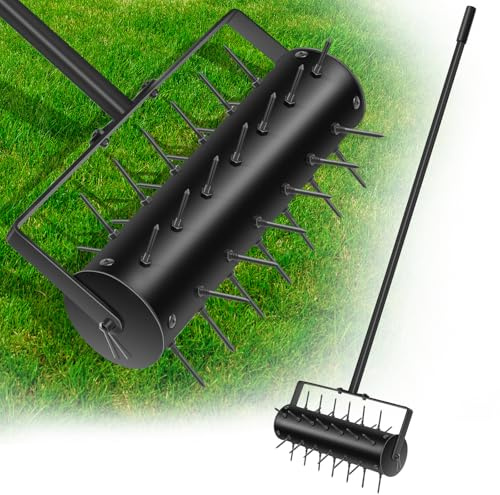 18 Lawn Aerator Tool Manual Lawn Aerators Rolling Lawn Aerator Manual Aeration Tool Soil Aerator Roller with 55 Stainless Steel Handle and Handle Cover for Garden Patio Manual Lawn Aerator Black