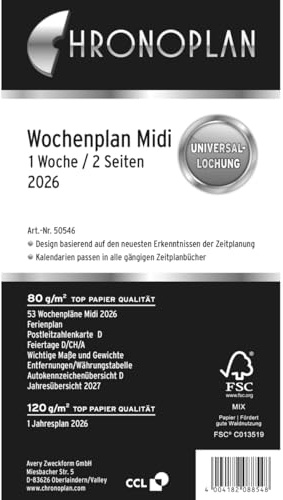 Chronoplan 50546 kalenderinlägg 2026 (veckoplanering midi (96 x 172 mm) ersättningskalendarium för mötesplanerare, perfekt för detaljerad veckoplanering, 1 vecka på 2 sidor i kolumner, med universell