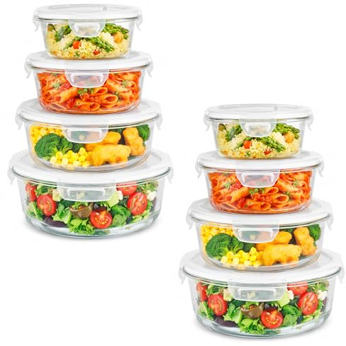Innoteck 4pc Round Glass Storage Container Set with Snap Lock Lids - Watertight & Airtight Lids - Heat & Cold Resistant Glass - Microwave, Oven, Freeze & Dishwasher Safe - for Meal Prep, Set of 8