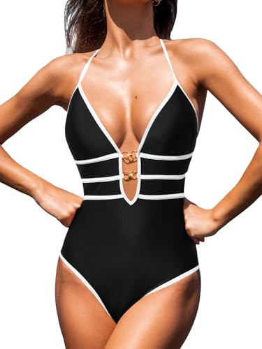 CUPSHE Women's One Piece Swimsuit Halter Plunging Neck Cutout Back Bathing Suit Spaghetti Adjustable Straps O Ring Black S