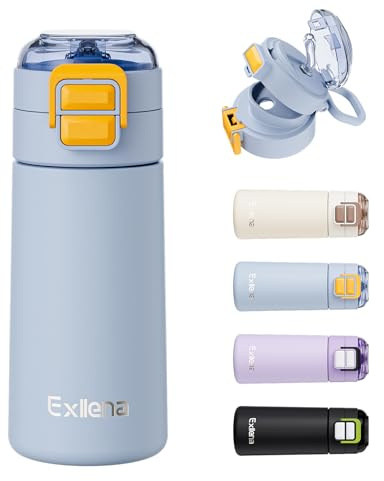 Exllena Small Insulated Water Bottle 400ml with Pop-Open Soft Straw & Spout 2-in-1 Lid, Kids Insulated Water Bottle Leak Proof for Cold&Hot Drinks, BPA-Free, Ideal for School, Handbag, Sport(Blue)