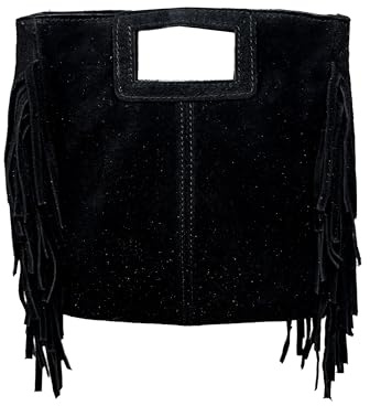 Chicca Borse Borsa a Mano Donna in Pelle Scamosciata con Frange (Nero)