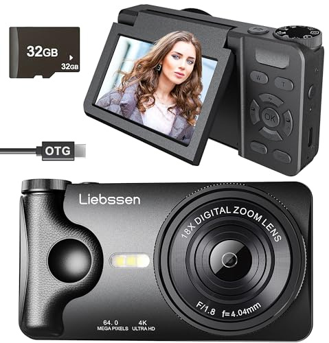 Liebssen Cámara Digital 4K UHD, Pantalla 3 Abatible 180°, 64MP Autofocus, Time-Lapse, Slow Motion, Redes sociales, Webcam, 32GB Portátil para Fotografía y Vídeo, Regalo para Niños y Principiantes