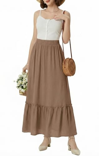 GRECERELLE Dam sommar maxikjolar lång hög midja damer vardaglig elastisk A-linje boho-kjol med fickor för kvinnor Storbritannien, strand, dejting, B01 Kaffe Grå, L