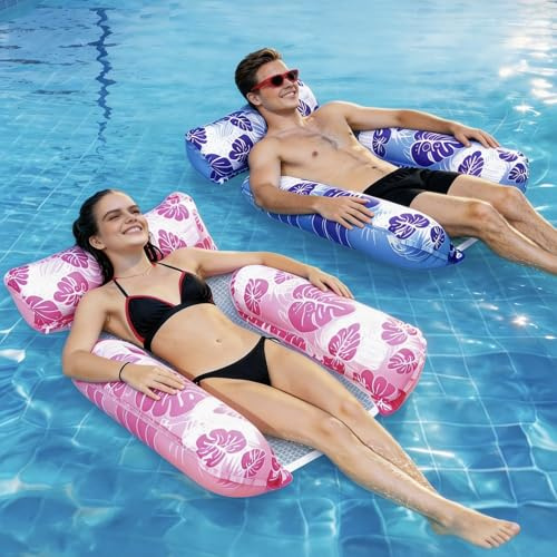 2 Pezzi Gonfiabile Amaca Galleggiante, Amaca Gonfiabile per Piscina 4 in 1, Portatile Materassino Mare con Rete, Materassino Gonfiabile Mare con Schienale e Braccioli, per Sabbia Giocattoli Acquatici