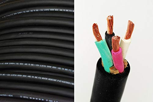 50' 12/4 SOOW SO Electric Wire Cord — Heavy Duty Portable Power Cable for Indoor, Outdoor, Industrial — 12 Gauge 4 Conductor Copper Wire — Black