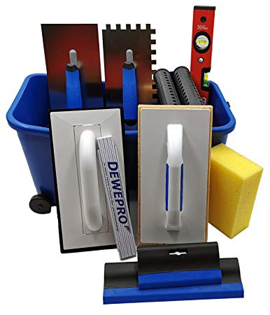 DEWEPRO® Kit Carrelage XL 13 pièces – Seau 16 L avec Double Rouleaux, Grille de Fond, Flotteur, Raclette, Truelle Dente 10×10 mm, Niveau à Bulle – Set Outils Carreleur Pro