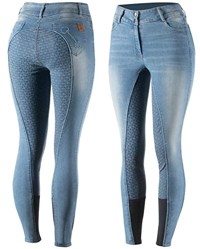 HORZE Pantalones de Montar Vaqueros con Cintura Alta de Asiento Completo de Silicona para Mujer Kaia, Azul, 34