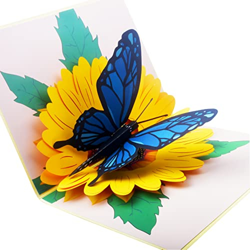 Sonnenblume und Schmetterling Pop Up Karte, 3D Frühling Papier Karte Gruß, schönes einzigartiges Geschenk für alle Anlässe Geburtstag, Muttertag, Umschlag & Nachricht Hinweis 12.7x17.8 cm