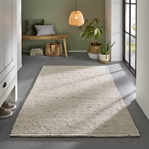 TacaHome Wollteppich Handweb Teppich Gewalkt I Reine Schur-Wolle im Skandinavischen Design I Wohnzimmer Schlafzimmer Esszimmer Kinderzimer Büro | 120 x 170 cm Natur