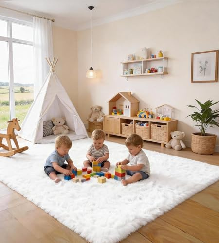 VOFUSHON Alfombra Salón 120 X 160 CM Blanco Tapete Pelo Largo Carpet Lavable Antideslizante para Dormitorio