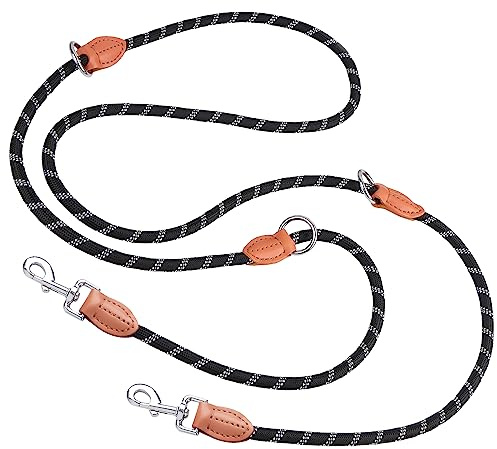Laisse Double pour 2 Chiens, RUNEAY Double Laisse pour 2 Chiens 3M Laisse du Chien Grande Réfléchissante Double Laisse de Dressage Convient Course à Pied Jogging et Randonnée (3M)