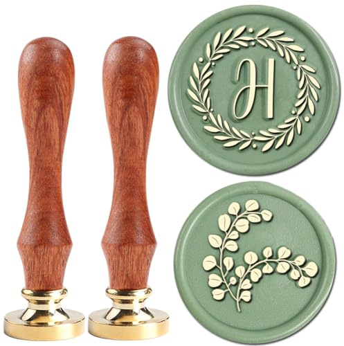 YOLAKIS Initial H Wax Seal Stamp Olive Alphabet H Sealing Stamp and Eucalyptus Wax Stamp Brass Head Decorate Christmas Cards Envelope Gift Wrap Wedding Theme Party Invitation (H)