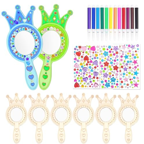 KERANEET Lot de 8 miroirs en bois artisanaux DIY - Pour anniversaire d'enfant - Princesse - Bricolage - Pour enfants - Décoration de peinture