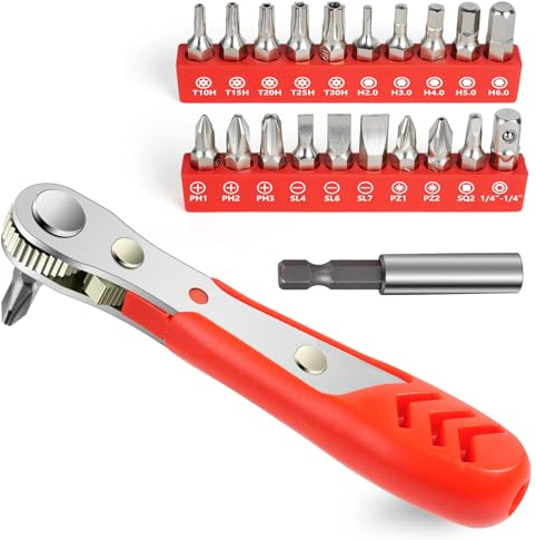 OSDUE Mini Destornillador de Trinquete Juego de Puntas de Destornillador Pequeñas con Mini Trinquete con 20 brocas, Juego de Destornilladores para Regalo de Cumpleaños para Hombres