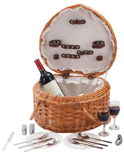 Picknickkorb Für 2 – Handgewebtes Herzförmiges Picknick-Set, Weidenkorb Mit Griffen Und Werkzeug | Picknickkorb, Camping, Hochzeit, Valentinstag