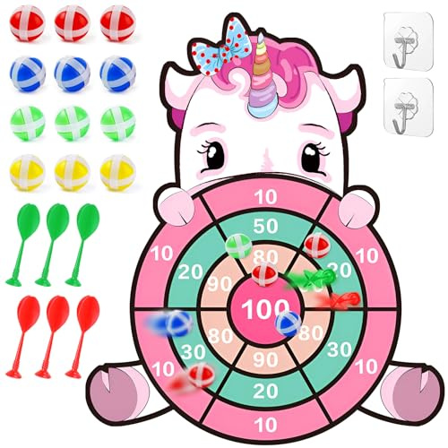 MINISOISO 71cm Jeu de Fléchette Enfant, Licorne Cible de Fléchettes pour Enfants avec 12 Balles Collantes, 6 Fléchettes, 2 Crochets, Jeux de Fête Intérieurs Extérieurs pour Garçons et Filles