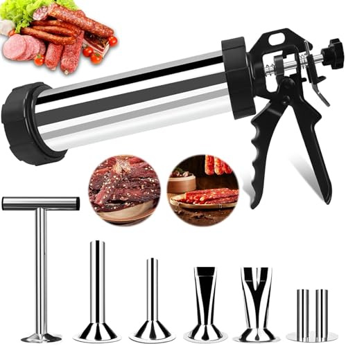 Bärbar professionell rostfritt stål Jerky Gun & Korvfyllare, 5 munstycken flera storlekar köttfyllningskit, kraftigt köksverktyg för hemmakök, utomhus, camping, picknick och grill (7-i-1-kit)
