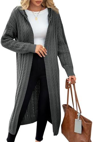 Fisoew Chaqueta de punto larga con capucha para mujer, de manga larga, de gran tamaño, con frente abierto., gris, S