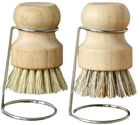 Zenfony 2Pcs Bamboo Palm Brushes with 2 Drain Racks, Wooden Dish Pot Pan Brushes Set, Natural Scrub Brush, Bubble Up Dish Brush for Cleaning Kitchen Dishes Cast Iron Skillet Pots Pans Sink