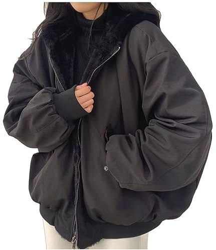 Blouson Femme Hiver avec Capuche, Veste Matelassée Femme À Fermeture Éclair Réversible Couleur Pure - Vestes avec Poches Mode, Winter Jacket Women Baggy Respirante Noir L