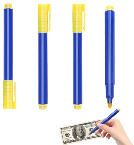 YAZWUR Lot de 4 Stylos Détecteurs de Faux Billets, Marqueurs pour Identifier les Faux Billets, Convient pour Euros, Dollars, Livres, Yen, Won