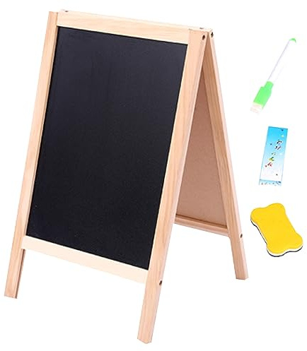 Svarta tavlan för barn, hopfällbart dubbelsidigt trästaffli med 40 x 25 cm svart tavla och torr raderings bräda, inkluderar kritta, suddgummi och markör, konststation för barn från 3 år