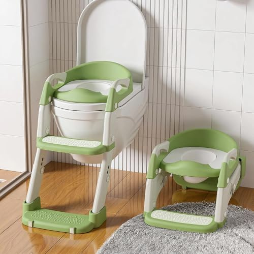 3 IN 1 Toilettensitz Kinder, Toilettenleiter für Kinder mit Verstellbar Treppe, Spritz und Rutschfestes Verlängerter Pedal- und Spritzschutz und Polster, Rutschfest und Faltbar für Jungen Mädchen Baby