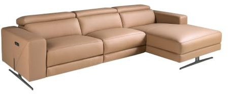 Angel Cerdá | Sofá Chaiselongue Relax de Diseño Moderno Modelo 6287 | Tapizado en Piel Vacuna Marrón (Mano Derecha) | Patas de Acero Cromado Oscuro | Asiento Reclinable Eléctrico y Puertos USB
