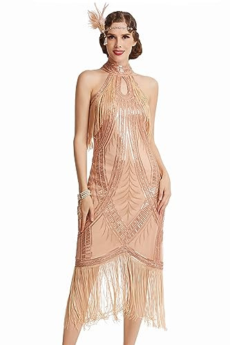 BABEYOND Abito Anni '20 Flapper Lungo con Frange Gatsby Vintage Art Deco Oro Rosa