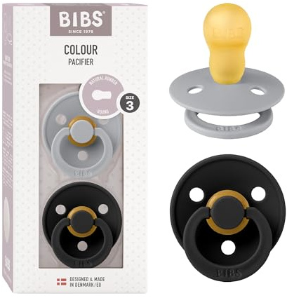 BIBS Colour Soother 2-Pack, BPA Free Dummy Pacifier, Round Nipple. Natural Rubber Latex, Size 3 (18+ Months), Cloud/Black