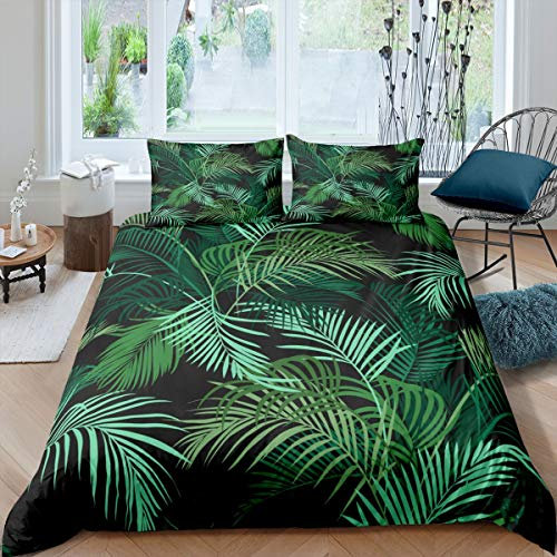 Leaf Duvet Cover Palm Tree Bedding Set for Kids Boys Girls Green Tropical Leaves Home Decoration Comforter Cover Botanical Bedspread Cover Bedroom Collection 3Pcs King Size