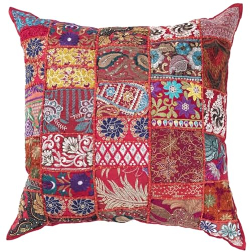 Orientalisches Patchwork Kissen MAR ROT Bunt 40x40 cm mit Füllung Stickerei & Pailletten | Boho Chic Deko-Kissen Couchkissen Sofa-Kissen & Geschenk-Idee Weihnachten MA7803