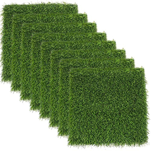 Kesfey 8 Packs 12 x 12 Inch Squares Grass Placemats Artificial Grass Mat Fake Turf Astroturf Squares Placemat Synthetic Grass Turf Patch Washable Green Fake Grass Patch Tiles for Outdoor Picnic Party