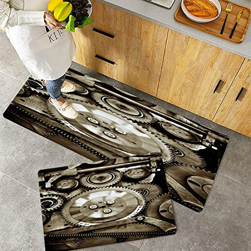 Küchenteppich Teppich Läufer Küchenläufer 2 Stück rutschfest,Industrial, Pieces of Old Mechanism Nahaufnahme Zahnräder Ansicht Grunge Antique Cogs Tech, Waschbar für Flur Küche 40 x 100 cm+40 x 60 cm