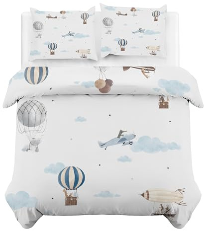 Globo AerostáTico Funda Nordica Cama 80 AvióN Ropa de Cama 3 Piezas, Microfibra Suave Transpirable Funda de Edredon Nordico 135x200 cm y 2 Funda de Almohada 50x75 cm, con Cremallera