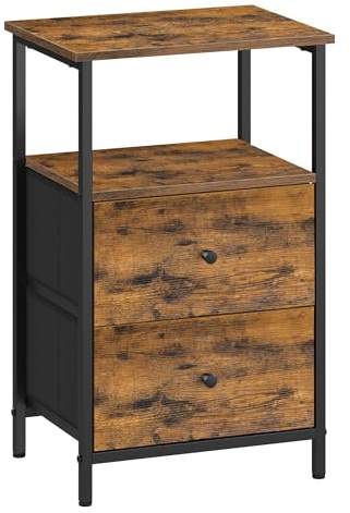 VASAGLE Nuit, Table de Chevet avec 2 Tiroirs en Tissu, 61 cm de Haut avec Étagère de Rangement, pour Salon, Chambre, Marron Rustique LGS025B01, Noir d’Encre et Noir Mat, 38 x 28 x 61 cm