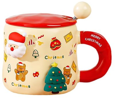 MIGIFTDY Tazza da caffè natalizia, 400 ml, in ceramica 3D, per tè, cioccolata calda, latte, con bastoncino per mescolare, idea regalo, adatta al microonde e alla lavastoviglie (A)