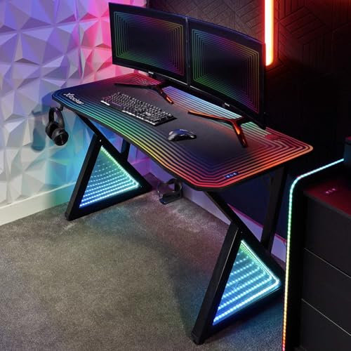 X-Rocker Infinity RGB Gaming Desk 140 x 60cm, Large Gaming Table for Laptop Home Office Desk, with Headphone Hook and Cup Holder, Includes FREE Mouse Pad BLACK