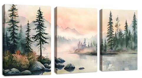 3 Pcs Puesta de sol Paisaje lago Marco de madera Cuadros Decoracion Salon Rosa Niebla Bosque Montaña Acuarela Cuadros Pintura Lienzos decorativos Dormitorio Comedor Decoración Pared 30x40cmx3 Pcs