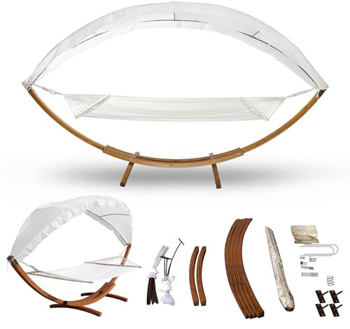 ISOISL Amaca con struttura e tettuccio parasole, amaca in legno di larice resistente alle intemperie, fino a 200 kg, amaca a barra per 2 persone, per esterni e interni