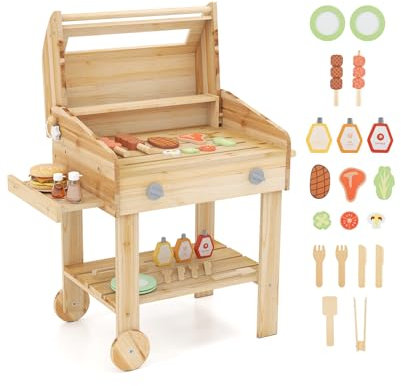 DREAMADE Kindergrill aus Holz, BBQ Grill Spielzeugset mit Grillwerkzeugen & Gewürzflaschen, Küchen-Rollenspielset mit 25 Zubehörteilen & Rädern, für Kinder ab 3 Jahren