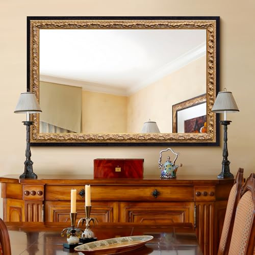 Autdot Gold Vintage Mirror 40”x28”, Black Gold Decorative Mirror with Gold Foil Flower Petal Carvings Wooden Frame for Luxe Living Room, Entryway, Bathroom and Bedroom