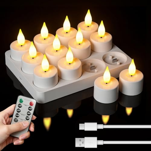 KagoLing Bougie LED, 12 Rechargeable Bougies Chauffe Plat avec Télécommande et Minuterie, 100 + Heures Fausse Bougie Flamme Vacillante, Decoration pour Noël Halloween Anniversaire Mariage Salon Table