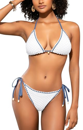 SHEKINI Women Triangle Bikini Sets 2 Pieces Halter Neck Swimming Costume Low Waisted Sexy Tanga Swimsuits,Blue-S