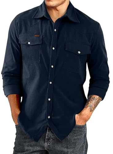 JMIERR Men's Long Sleeve Shirts Corduroy Button Down Shirts Casual Shacket Jackets with Pocket,Blue,XXL