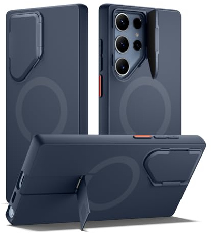 SURITCH Magnetiskt fodral kompatibelt med Samsung Galaxy S23 Ultra-fodral med kamerautrustning och metallstativ stötsäkert skyddshölje (Blå)