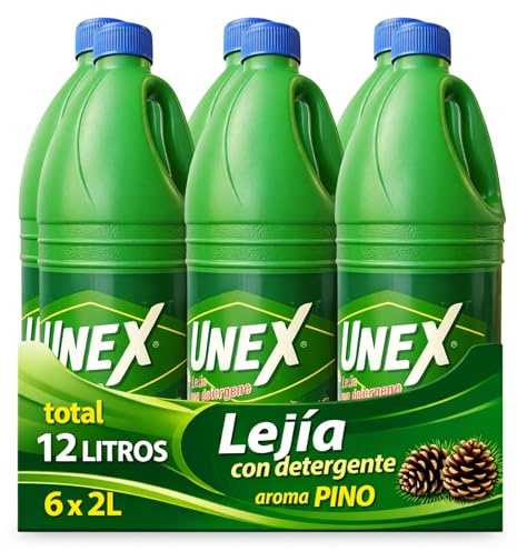 Lejía con Detergente Pino, Desinfectante Superficies, Uso en Baño, Cocina, Azulejos, Suelos, Aptas para Desinfección y limpieza, Combate los malos olores con fragancia fresca, 6 botellas de 2 Litros
