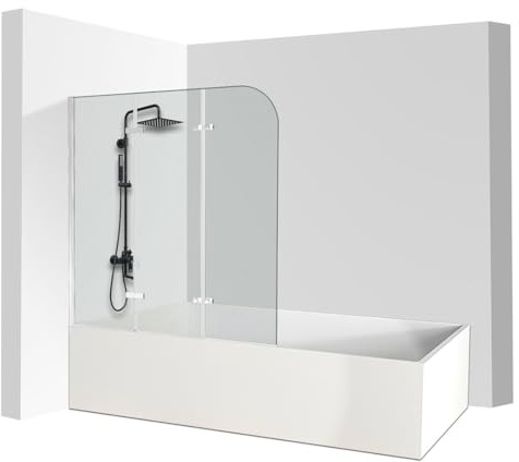 Monucep Vasca da bagno 120 x 140 cm, 3 pezzi, pieghevole, per vasca da bagno in vetro di sicurezza ESG da 6 mm, rivestimento nano, girevole a 180°, paraspruzzi, colore: argento