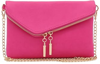 FashionPuzzle Envelope Wristlet Clutch Crossbody Bag with Chain Strap (Fuchsia)